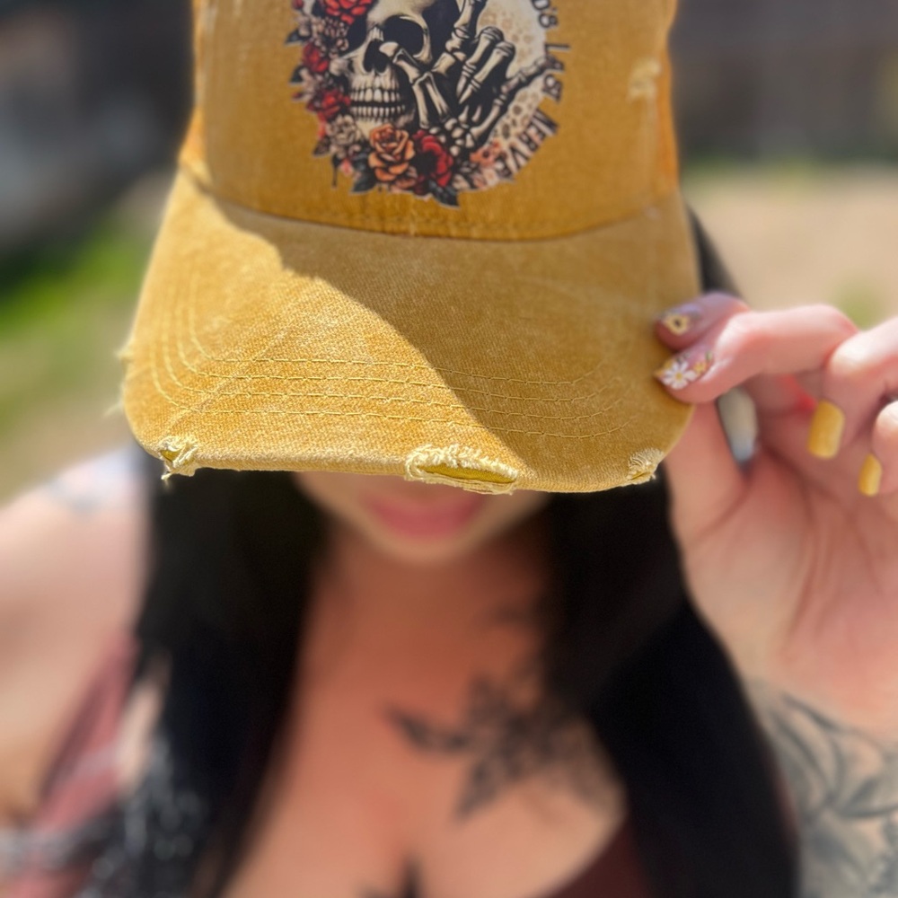 Yellow Distressed Cap with Skull Design